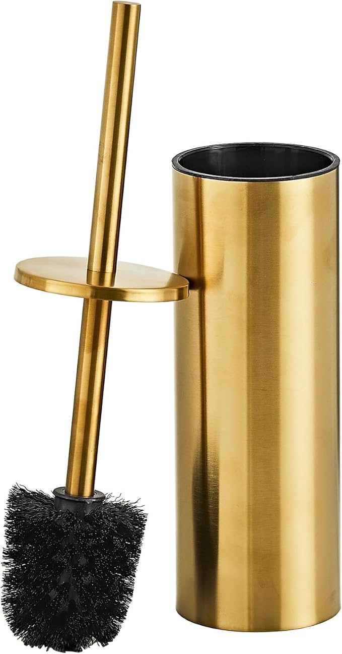 Brushed Gold Toilet Brush and Holder Set - Stainless Steel Toilet Bowl Scrubber with Replaceable Head &amp Splash Guard