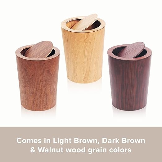 Modern Round Trash Can with LidReal Wood Waste Basket in Dark Brown9.25x7.5x11.8 Swing Top Small Trash CanDecorative Small Garbage Can for Bedroom Living Room Office &amp Bathroom8L/2.1Gal