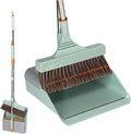Broom and Dustpan Set with Adjustable Handle Upright Design Built-in Comb Teeth Mint Green for Home Office Hardwood Floors Pet Hair (Green/Gray)