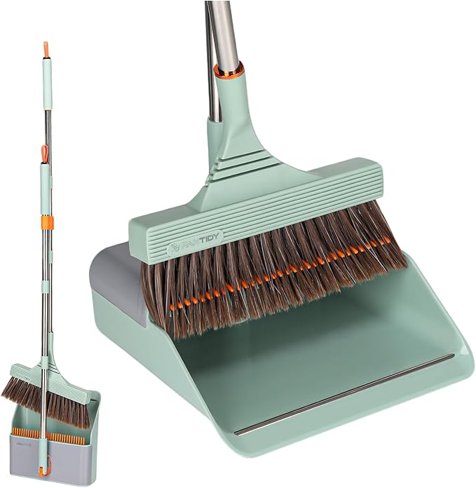 Broom and Dustpan Set with Adjustable Handle Upright Design Built-in Comb Teeth Mint Green for Home Office Hardwood Floors Pet Hair (Green/Gray)