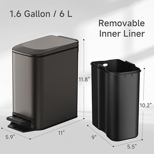 TIPGO Slim Bathroom Trash Can with Lid Soft Close 6 Liter / 1.6 Gallon Stainless Steel Garbage Can with Removable Inner Bucket Step Pedal Small Trash Cans for Bedroom Office Kitchen (Black Gold)