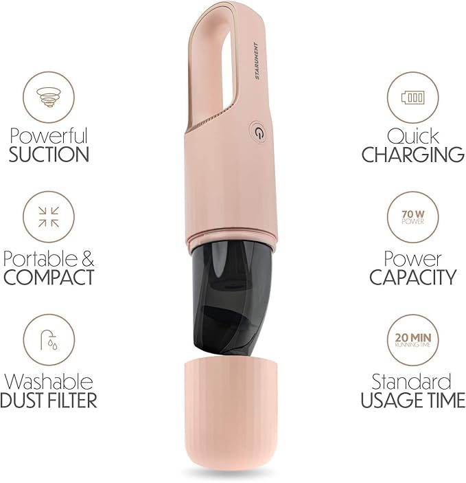 STARUMENT Portable Hand Vacuum Cleaner for Dust Pet Hair Dirt Home Car Interior Furniture Lightweight Easy to Use Compact Design Battery Rechargeable with USB-C Cable Pink