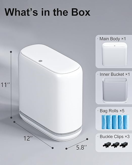 3 Gallon Slim Small Bathroom Trash Can with Lid White Dog Proof Garbage Can with Air-Press Bag Expander &amp Removable Bucket Narrow Bathroom Waste Basket for Bedroom Office Dorm
