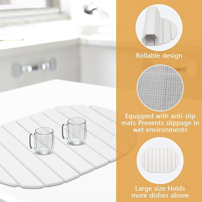 Large Stone Drying Mat Diatomite Dish Drying Mat Dish Mat Drying Kitchen Mat - Storable &amp Anti-Slip for Kitchen Oval White 24x16