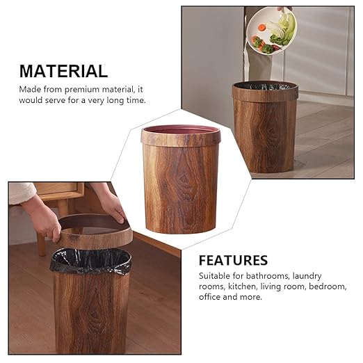 Hemoton Decorative Trash Can Plastic Wood Small Round Wastebasket Bamboo Garbage Container Bin Trash Can Pail for Bathroom Kitchen Office
