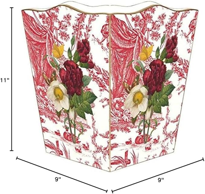 Marye-Kelley-Four Flowers on Red Toile Wastepaper Basket Decoupage Wood Decorative Wastebasket for Kitchen Bathroom Bedroom Living Room Handmade Made in The USA