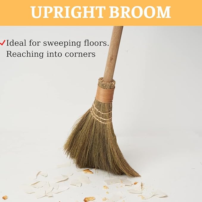 Handmade Vietnamese Straw Broom Single Handle – Free Halloween Decoration Set Witch Broom for Costume Haunted House &amp Indoor Decor Soft Grass Whisk Broom for Sweeping or Display