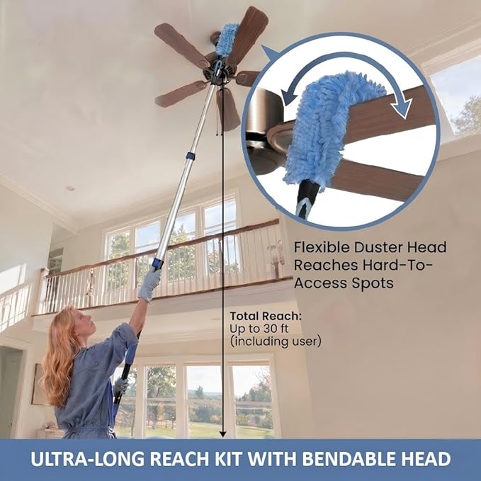 30ft High Ceiling Duster Kits with 5-24ft Heavy Duty Extension Pole - Fan Blade Cleaner Cobweb Remover &amp Blue Window Squeegee Kit Washable Dust Brush for High Roof and Glass Surfaces