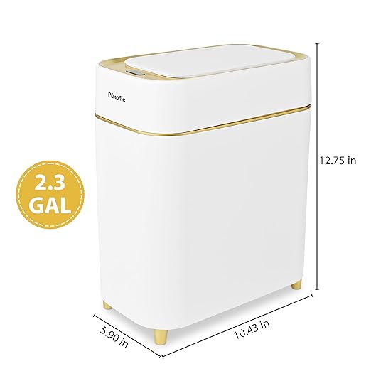 Pukomc 2.3 Gallon / 9L Automatic Adsorption Sensor Trash Can White Gold Motion Sensor Garbage Bin with Suction Slim Fashionable Design for Kitchen Bathroom Office &amp Small Space