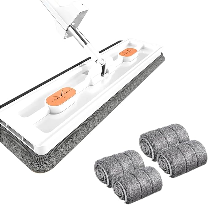 Self Wringing Magic Mop Large Flat Mop Effortless Cleaning Magic Self-Wringing Mop for Wet and Dry Use with Rag 1pc 12027(White 4rag)