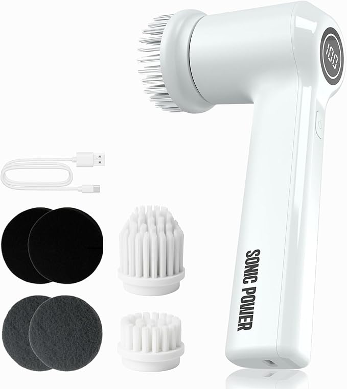 Electric Spin Scrubber – Handheld &amp Ergonomic IPX7 Waterproof 4 Multi-Purpose Brush Heads Long-Lasting Rechargeable Battery – Cleans Dishes Bathroom Tile Grout &amp Kitchen (White)