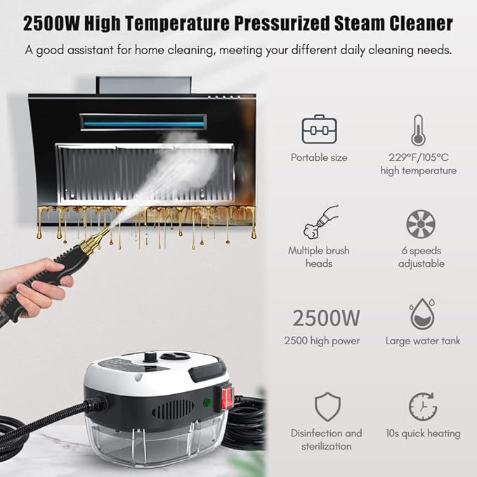 2500W Handheld Steam Cleaner Portable High Temperature Pressurized Steam Cleaning Machine with Brush Heads for Kitchen Furniture Bathroom Car