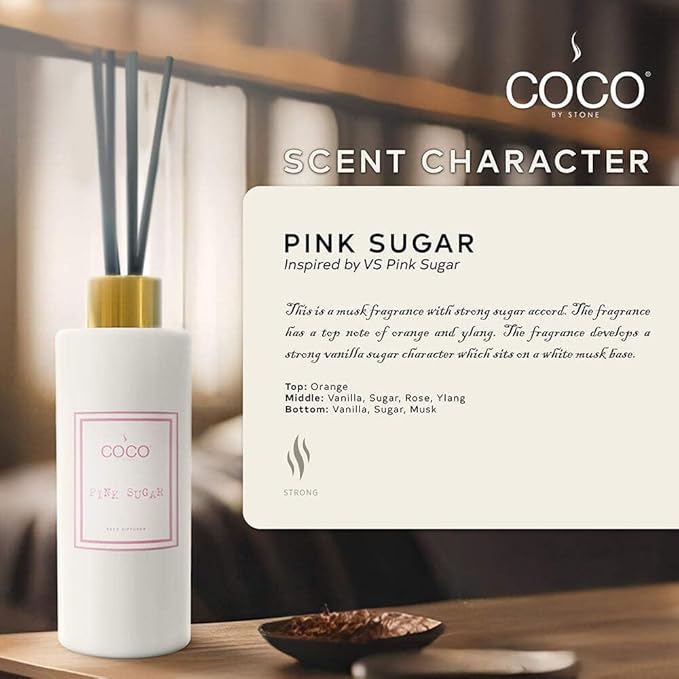 COCO by Stone 5oz Reed Diffuser (Pink Sugar) – Luxury Scented Oil Diffuser for Home Aromatherapy Long-Lasting Vegan Fragrance Elegant Home Décor and Air Freshener