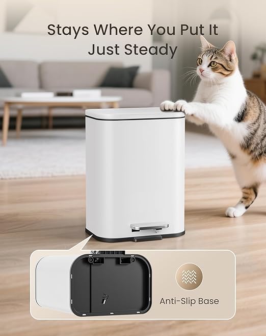 Cesun Small Bathroom Trash Can with Lid-1.3 Gal Outdoor Stainless Steel Garbage Can for Dog Poop with Anti-Slip Base for Bathroom Bedroom Office RV Living Room White