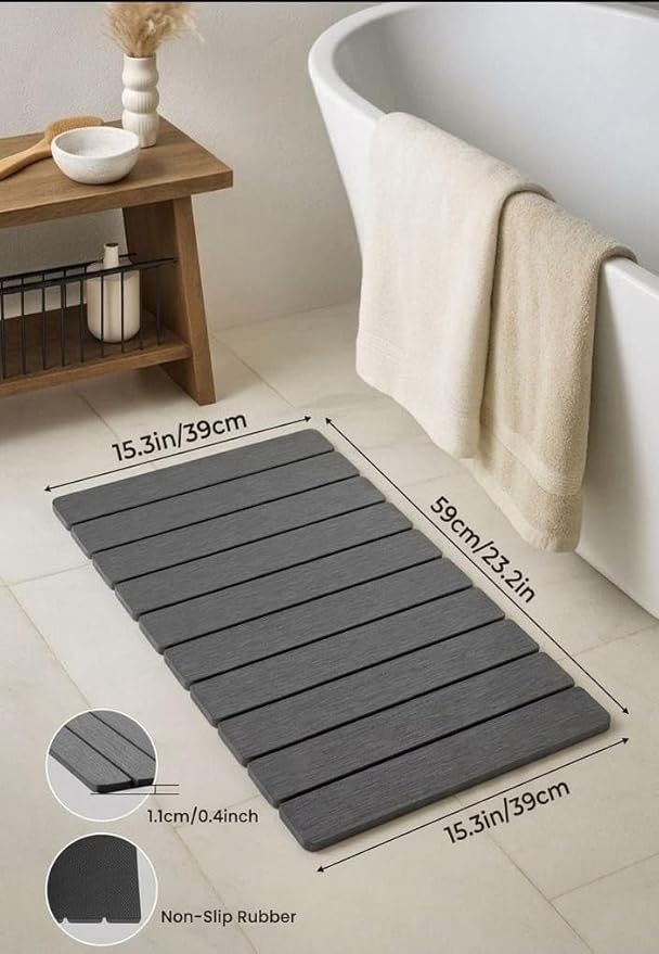 Premium Foldable Stone Bath Mat - Ultra Absorbent Quick Drying Compact Easy to Store &amp Clean Non-Slip Diatomaceous Earth Bath Shower Mat (Dark Grey)