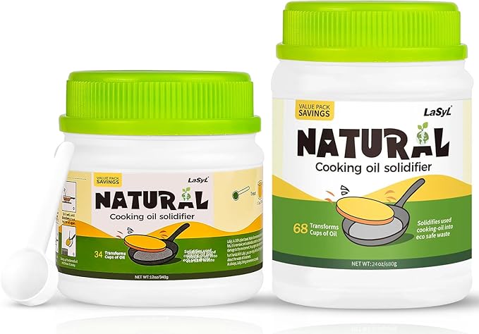 LaSyL Natural Cooking Oil Solidifier Powder Hard Up to 102 Cups of Fry Oil Away from Mess 100% Plant-Based Oil Hardener for Disposal Value Pack 12 Oz+24 Oz