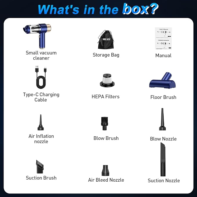 Mini Vacuum Cleaner 15000PA Car Vacuum Cleaner Portable Cordless with LED Light 4 in 1 Air Duster and Handheld Small Vacuum Rechargeable for Car Home Office Pet（Blue）