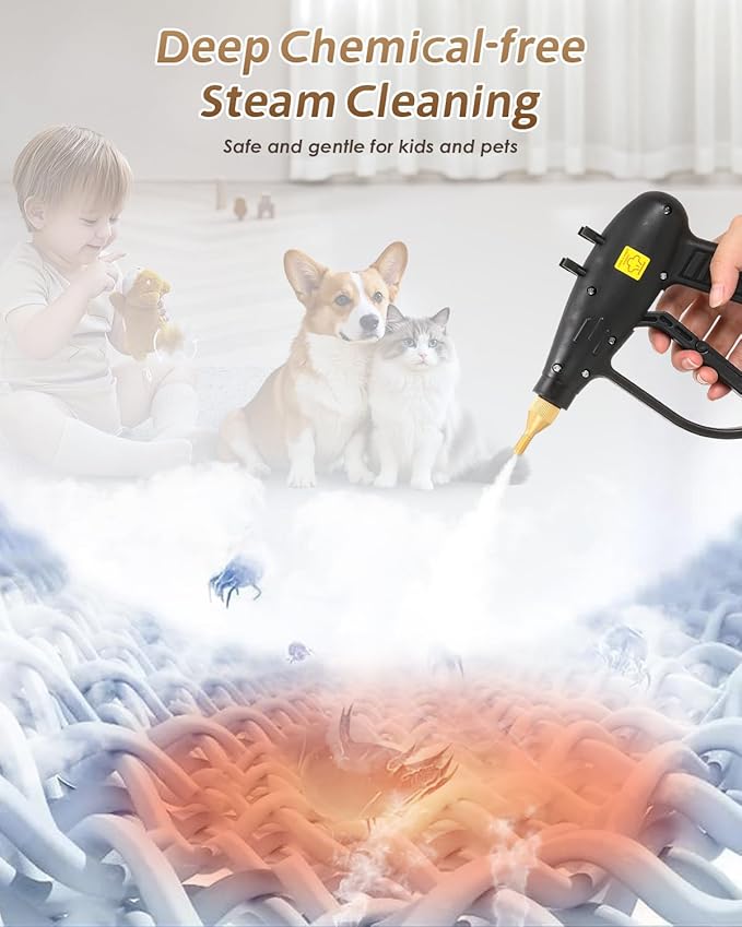 1500W Tankless Pressurized Steam Cleaner - Handheld Portable Grout &amp Tile Steamer for Home Kitchen Bathroom and Car Cleaning - 110V | Yellow