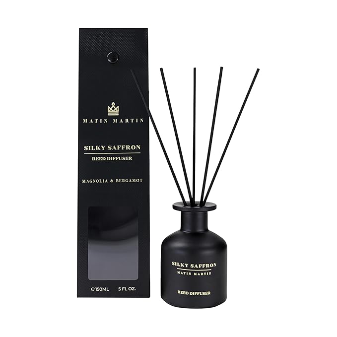 Matin Martin Silky Saffron Reed Diffuser 5 oz - Luxury Aromatherapy with Magnolia Bergamot - Home Decor Gift for Bedroom Office Living Room Bathroom - Long-Lasting Scent - Premium Fragrance Sticks