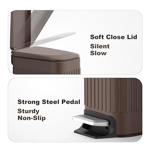 TrashAid Slim Bathroom Trash Can with Lid Soft Close 6 Liter/1.6 Gallon Stainless Steel Small Garbage Can with Removable Inner Bucket Step Pedal Slim Wastebasket for Toilet Office Bedroom Brown
