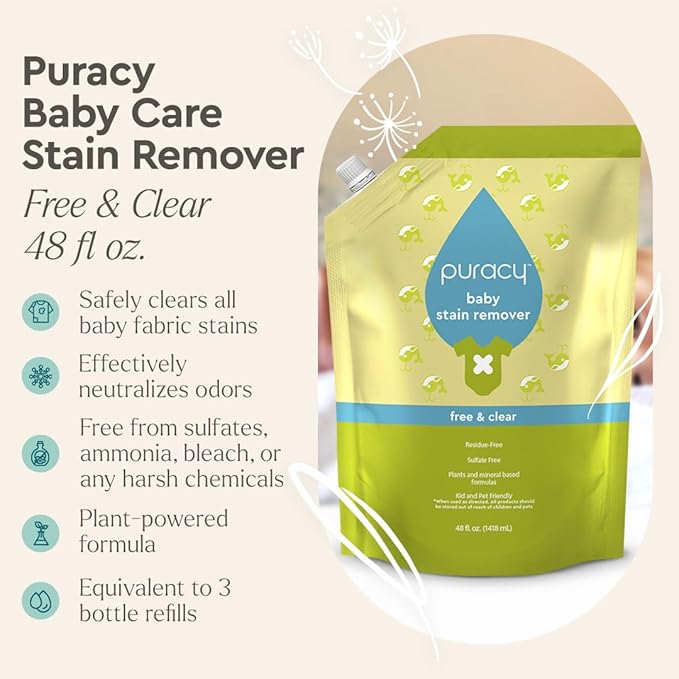 Puracy Natural Baby Stain Remover Bundle - Enzyme-Powered Stain and Odor Eliminator Fragrance Free Cleaning Spray Non-Toxic Clothes Stain Remover Spray 16oz Bottle &amp 48oz Refill Set