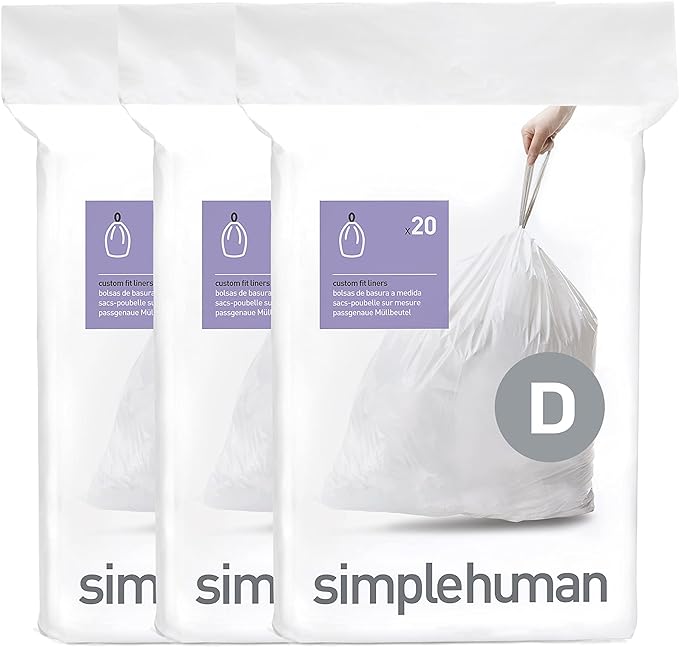 simplehuman Code D 60 Count Dispenser Pack Custom Fit Liners Drawstring Trash Bags 20 Liter / 5.3 Gallon White