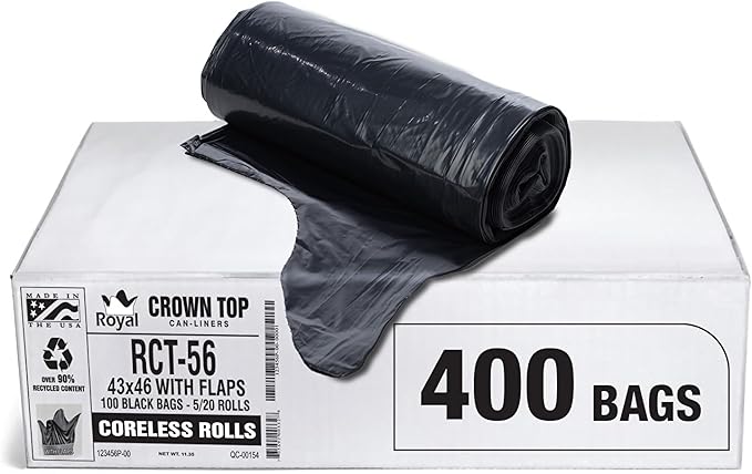 Aluf Plastics RCT-56 Star Sealed Coreless Rolls with E-Z Tie Flap Closure 56 gal Polyethylene 43 x 46 Black (Pack of 400)