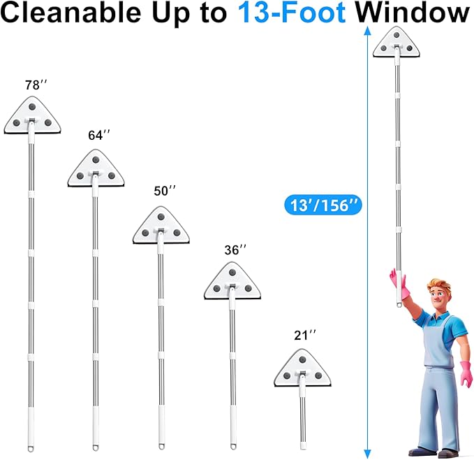 CTIME 78'' 3 in1 Professional Window Squeegee &amp Wall Mop : Window Cleaning Kit with 360° Rotating Triangular Head &amp Universal Cloth Slots (Includes 3 Reusable Pads)