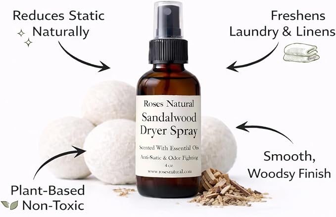 Wool Dryer Balls &amp Dryer Spray Bundle – 3 Reusable Dryer Balls + Plant-Based Essential Oil Dryer Spray Natural Fabric Freshener Anti-Static &amp Odor Fighting (Sandalwood)