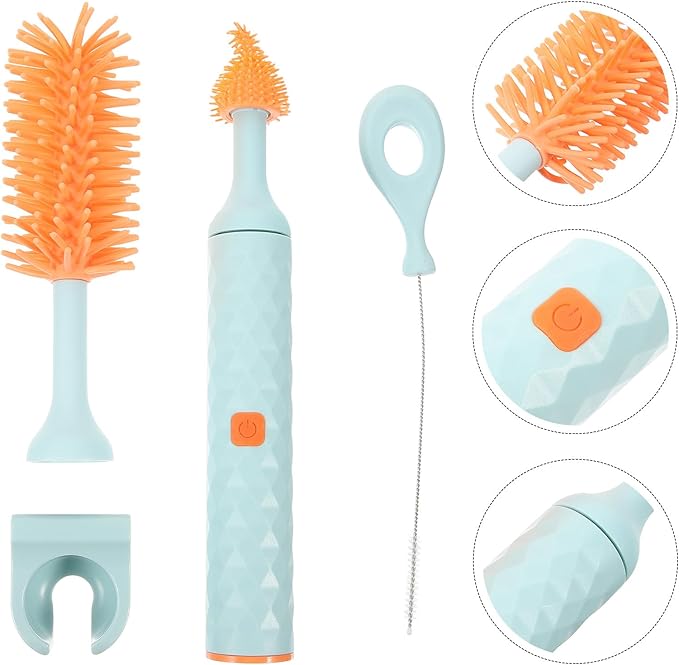 Beaupretty Electric Bottle Brush Set Silicone Rotatable Bottle Cleaner with Long Handle 360° Detachable Cup Cleaner for Newborn Feeding Blue 3pcs Cleaning Kit