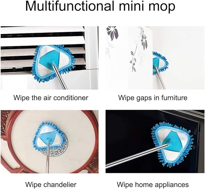 Wet and Dry mop 180 Degree Rotatable Adjustable Triangle Cleaning Blue MopHousehold Bathroom Kitchen Ceiling Tile (Two mop Heads)