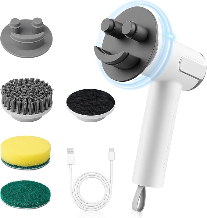 Electric Spin Scrubber for Scrub Daddy/Mommy Goldusk 2-Speed Power Cleaning Brush with Digital Display 4 Replacement Brush Heads Smiley Sponge Wand Handle Dish Wand for Sink/Griddle/Stove/Tub/Tile