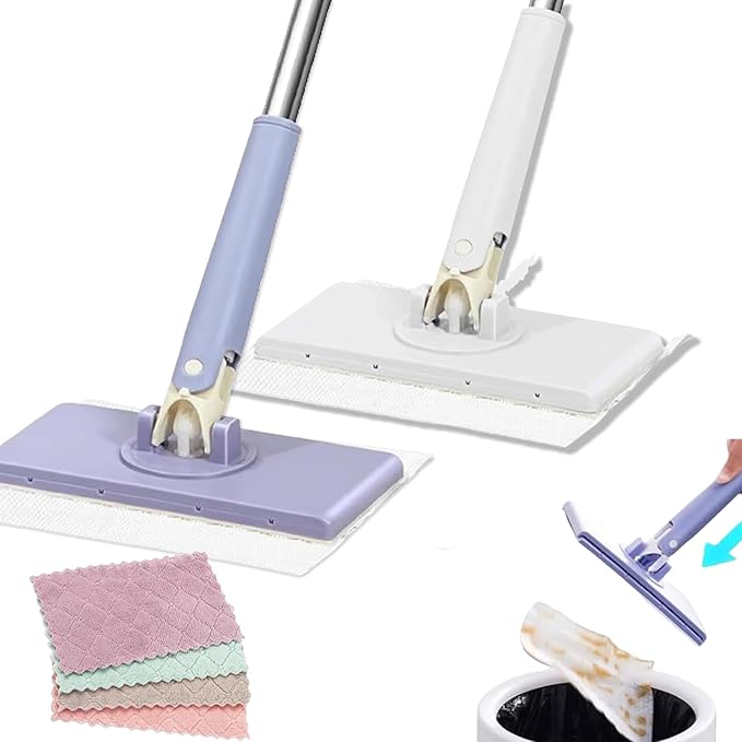 Lazy Mop Wet and Dry Clip No Wash Disposable Dust Push Pull Mini Mop Zero Touch Clever Automatic Cloth Changing Mops with 4 Reusable Cloths for Home (Purple+White)