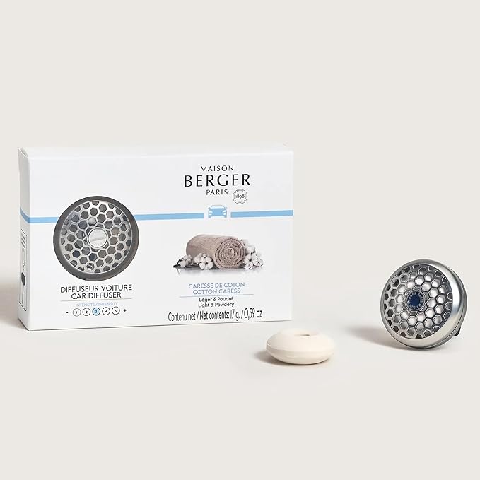Maison Berger Car Diffuser Set – Refillable Vent Clip Ceramic Refill Made in France - Luxury Auto Scent - 4-Week Diffusion - Elegant Air Freshener for All Car Vents (Cotton Caress)