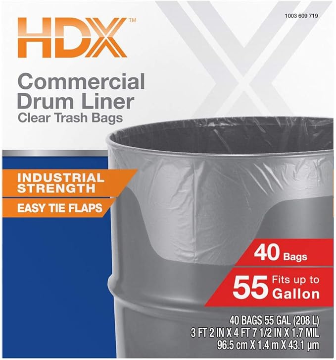 HDX 55 Gallon Clear Heavy-Duty Flap Tie Drum Liner Trash Bags (40-Count)