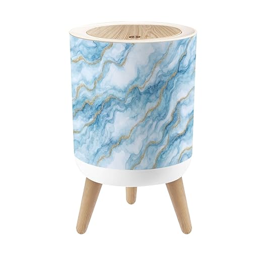 Bathroom Trash Can with Lid Abstract White Blue Marble Gold Glitter Veins Fake Stone Texture Garbage Bin Waste Basket for Kitchen Office Bedroom Decoration Diaper Pail 1.8 Gallon