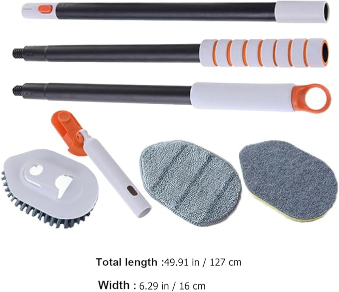 Multi-Functional Floor and Bathroom Grout Brush Set with Extendable Handle Hard Bristle Scrubber and Replacement Cleaning Pads for Tile and Shower Cleaning Indoor Household Use