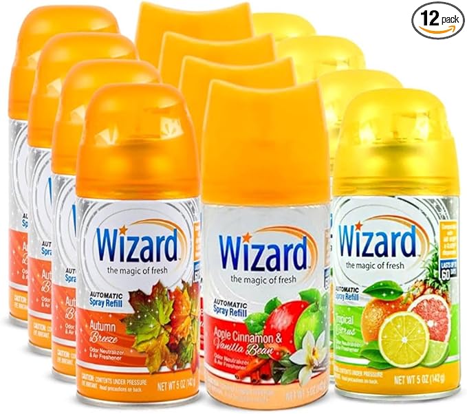 12 WIZARD AUTOMATIC SPRAY REFILLS 5 oz VARIETY PACK 4 EACH APPLE VANILLA-AUTUMN BREEZE-TROPICAL CITRUS