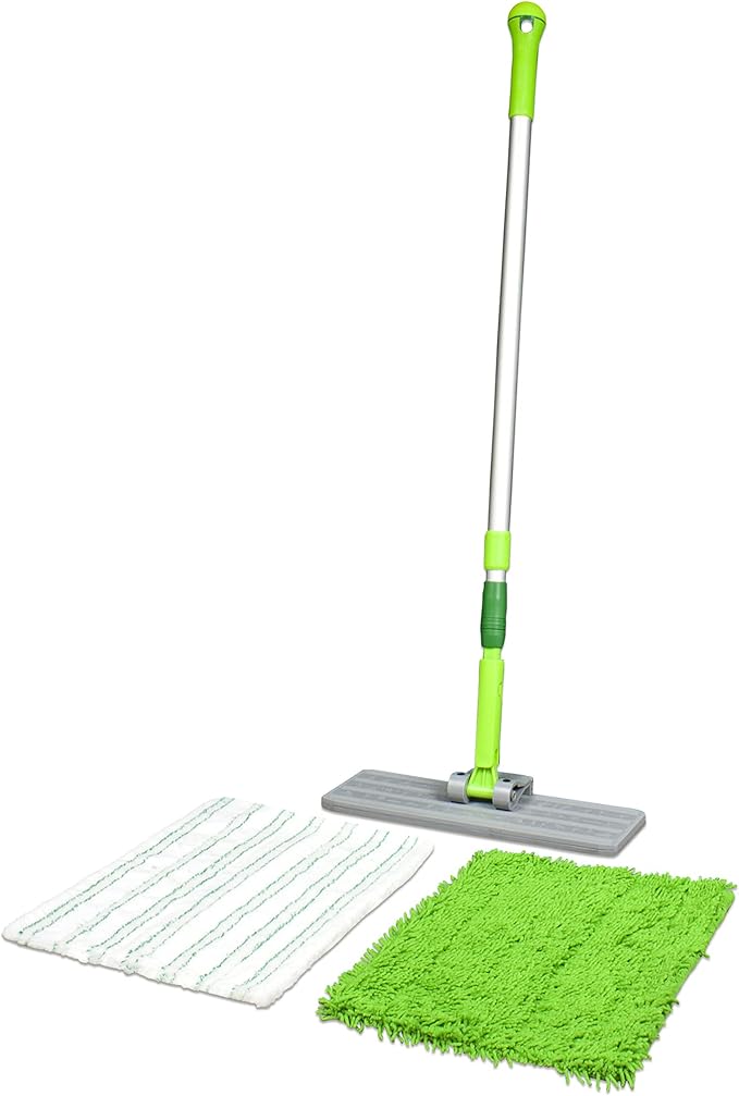 CleanAide Microfiber Hardwood Floor Mop – Flat Wet and Dry Flip System for Mopping Dusting Cleaning – for Laminate Tile Vinyl Wood Flooring – Adjustable Extension Handle + 2 Reusable Pads