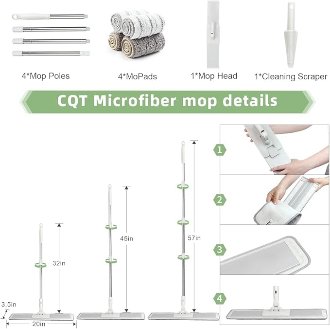 CQT Commercial Flat Microfiber Floor Mop Cleaning System 20 Wet Dry and Dust Hardwood with 4 Washable Pads Cleaner for Laminate Tile Stainless Steel Handle and Extension (PT15 New)