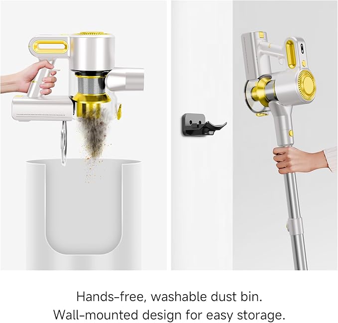 Cordless Vacuum Cleaner for Home Powerful Stick Vacuum with Rechargeable Battery Green Light Anti-Tangle Brush 6-in-1 Lightweight Handheld Vacuum for Pet Hair Hard Floor Carpet Yellow