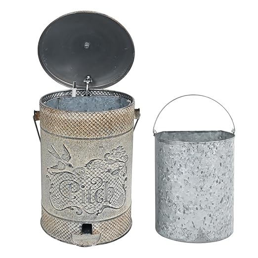 Farmhouse Garbage Can with Lid Indoor Outdoor Trash Can with Embossed Bird and Flowers PatternMetal Retro Kitchen Trash Can with Lid for Kitchen Room and Garden Decor (Grey)