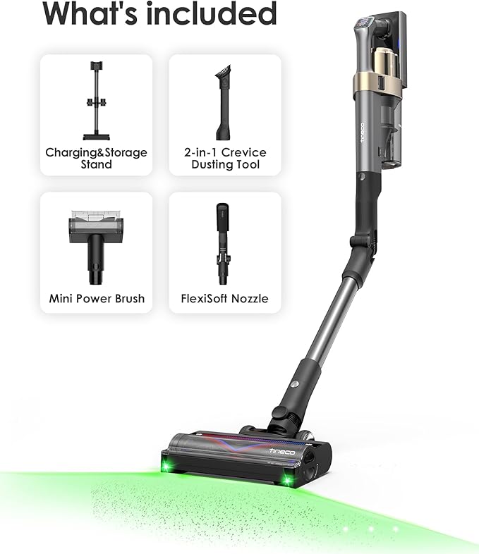 Tineco Pure ONE A90S Cordless Vacuum Cleaner 270AW Powerful Suction Up to 105min Runtime 3DSense Master Brush 150° Green LED Light Stick Vacuum Cleaner for Pet Hair Carpet &amp Hard Floor