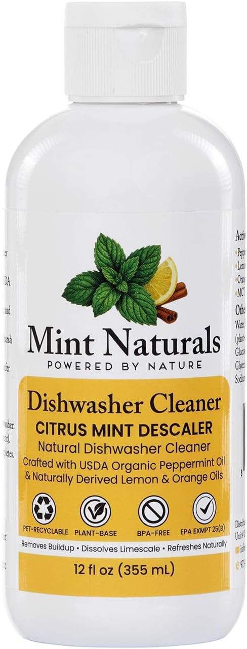 Natural Dishwasher Cleaner &amp Degreaser Liquid – USDA Organic Peppermint Oil Formula That Helps Remove Limescale Grease &amp Odor 12 oz – Made in USA by Mint Naturals