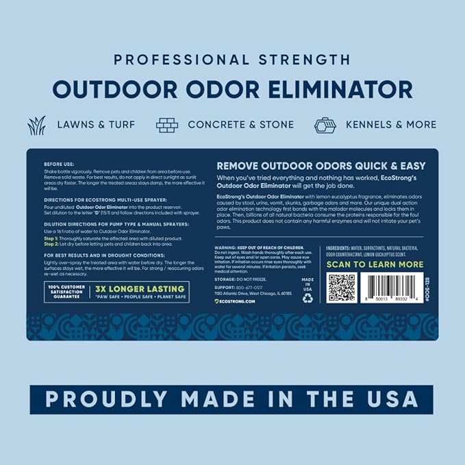 Eco Strong Outdoor Odor Eliminator Outside Dog Urine Enzyme Cleaner Powerful Pet Cat Animal Scent Deodorizer | Professional Strength for Yard Turf Kennels Patios Decks (128 OZ)