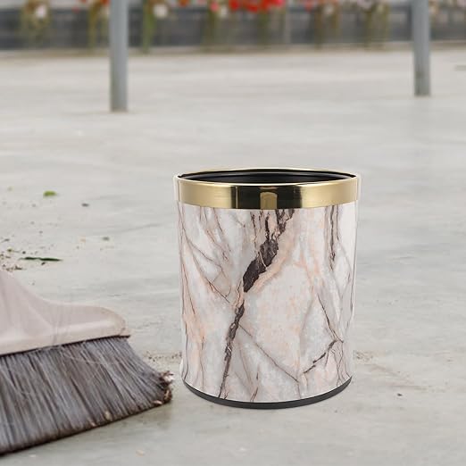 Cabilock Marble Pattern Wastebasket with Gold Ring Round Bathroom Trash Can Plastic Garbage Container for Home Living Room Office Use Sturdy Bathroom Waste Bin Plastic Waste Paper
