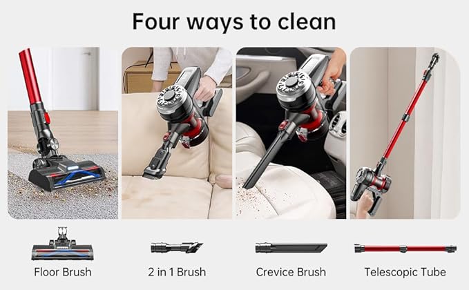 Cordless Stick Vacuum Red 45 Min Runtime LED Headlights 2-Speed Telescopic Tube with Main Vacuum Brush Crevice Tool dust Brush Removable-Rechargeable Battery Pack with Charging Cord