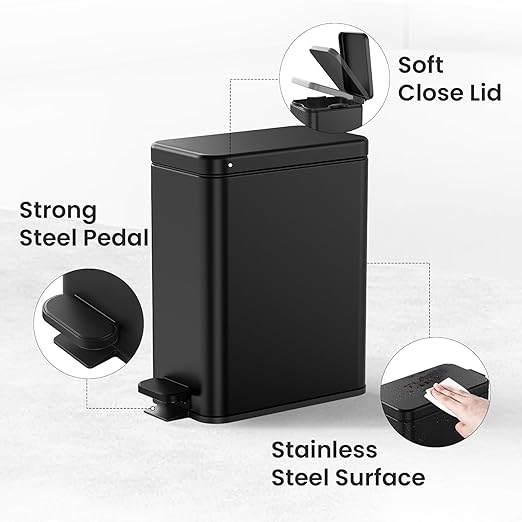 Cesun Bathroom Trash Can with Lid 2.6 Gallon Small Black Bathroom Garbage Can Soft Close Stainless Steel Waste Basket with Step Pedal for Bedroom Laundry Room Living Room Home Office Toilet RV
