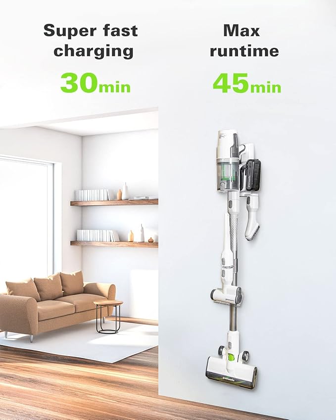 Greenworks 24V Deluxe Brushless (500W) Cordless Stick Vacuum Ultra Lightweight LED Lights 4Ah USB-C Battery and 30-Minute Super Charger Included (White)