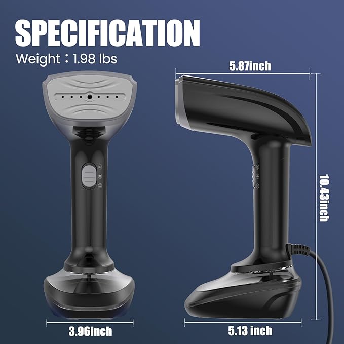 Powerful Handheld Fabric Steamer - 1800W with Fast Ceramic Heat-Up Plate 2-in-1 Ironing &amp Wrinkle Remover Steam Nozzle Lint Brush - Black for US 120V Only